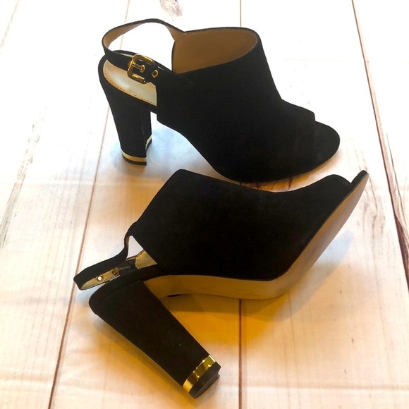 Marc Fisher Shoes - MARC FISHER BLACK SUEDE OPEN TOE SLINGBACK HEEL GOLD TRIM WOMEN'S 7 LIKE NEW